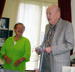 Local author Harry J. Boyle, whose 'Mostly in Clover' played a crucial role in the start of the Blyth Festival, was celebrated Saturday afternoon at the North Huron Museum in Wingham. The event featured a number of speakers and a retrospective of Boyle’s life and work. Verna Steffler, left, of the Friends of the North Huron Museum, and Norman Boyle, right, Harry’s brother, were among the presenters.   (Vicky Bremner photo)
